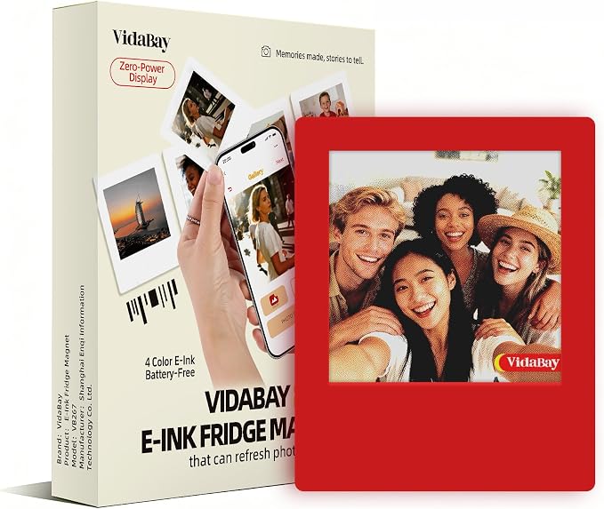 E-Paper Fridge Magnet Classic Plus, E-Ink Battery-Free Instant Photo Style Display, Wireless NFC Picture Frame, Phone-Controlled Acrylic Memo Board for Party/Travel/Home & Gifts, Compatible iPhone 13 and Newer (Red)