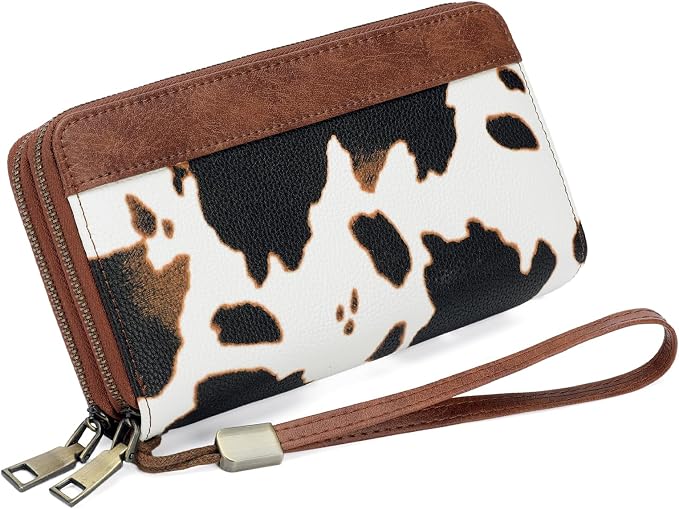 GOIACII Women's Wallet Large Capacity Double Zip Ladies Card Phone Holder RFID Blocking Wristlet Leather