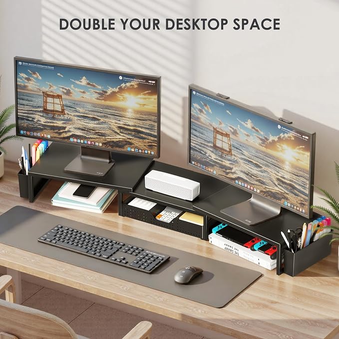 Desk Organizers and Accessories, Dual Monitor Stand Riser with Drawer and 2 Pen Holders, Desk Shelf Computer Racks for Office Workspace Organizers, Desktop Organization (Black)