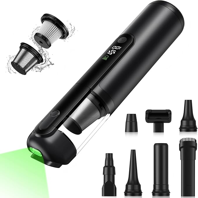 Car Vacuum, Handheld Vacuum Cordless 19000Pa, 4-in-1 Mini Portable Cleaner with Green LED Detection Light, 2 Modes for Car, Home, Office, Desk & Keyboards, Rechargeable, Washable Filter