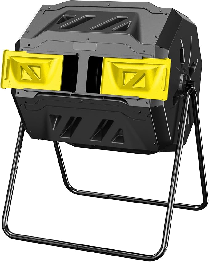 Compost Bin, 43-Gal Dual Chamber Composter Tumbler, Black Yellow | Steel Frame with 2 Sliding Door and Aeration System, 360° Rotating, Tumbling Composting Bin for Kitchen, Garden, Yard