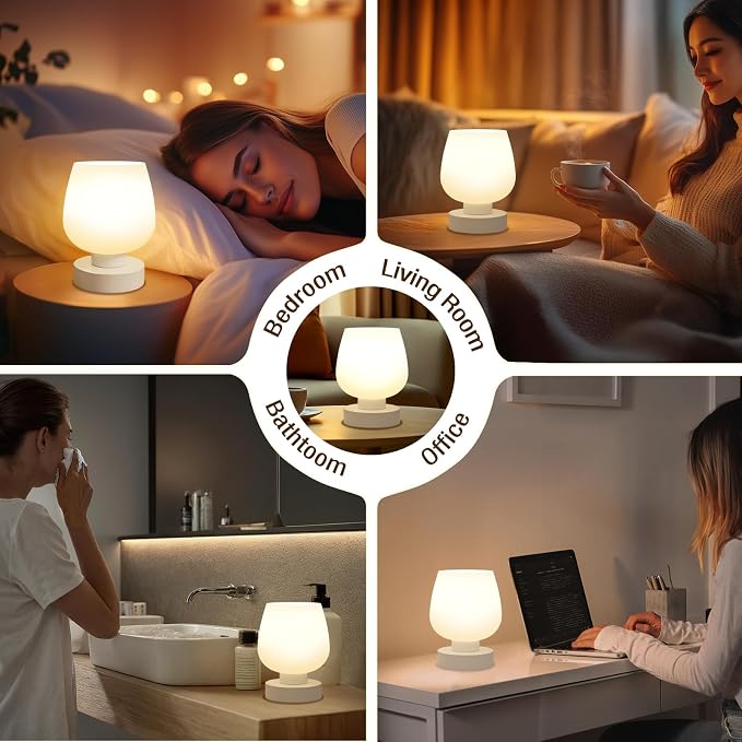 Seealle Small Touch Table Lamp for Nightstand, 3 Way Dimmable Bedside Lamp | White Glass Shade, Bedroom, Living Room, Night Stands, Small Spaces, LED Bulb Included, Gift Choice