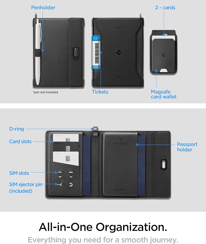Spigen Life Passport Card Cover Holder, RFID Blocking | Travel Document Organizer, SIM Card Pin Included - Black