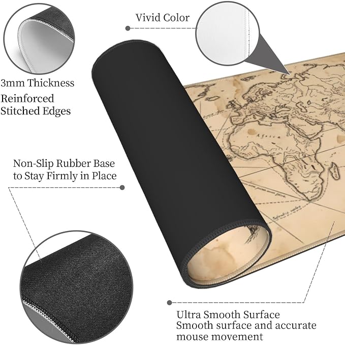 Vintage Map Gaming Mouse Pad Large Extended Desk Mat Non-Slip Rubber Base Keyboard Pad with Stitched Edges for Office Gaming 31.5x11.8 in