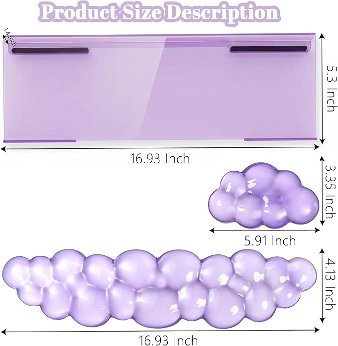 Acrylic Computer Keyboard Stand with Gel Cloud Wrist Rest Keyboard Riser with Comfortable Clear Silicone Mouse Wrist Pad Ergonomic Tilted Transparent Keyboard Holder for Desktop Office Purple