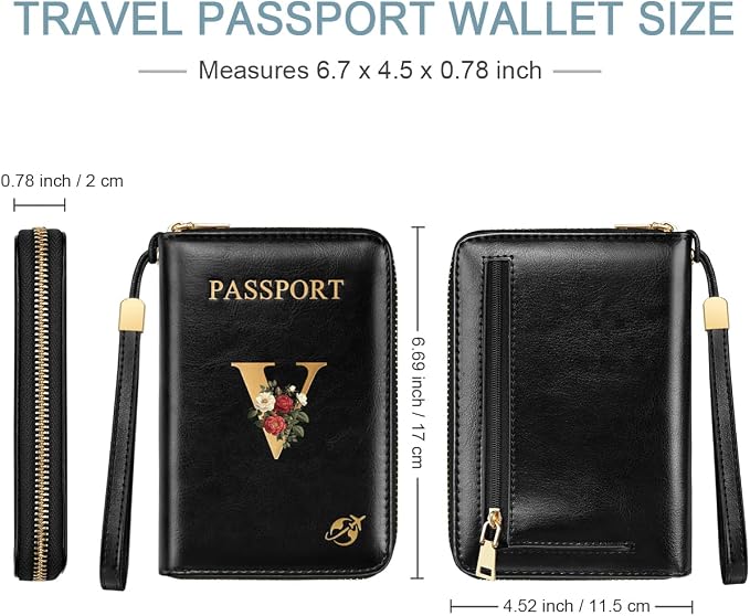 Passport Holder for Travel Personalized Wallet with Wristlet Women | Passport Cover, RFID Blocking, Passport Book Holders, Back Coin Pocket, Zipper Closure, Roses Initial Letter, Black V