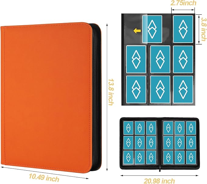 360 Cards Ringless 9-Pocket Side Loading Trading Card Binder, PU Zipper Fixed Page Card Album for TCG Sports Cards, Not Fit Top Loaders (Orange)