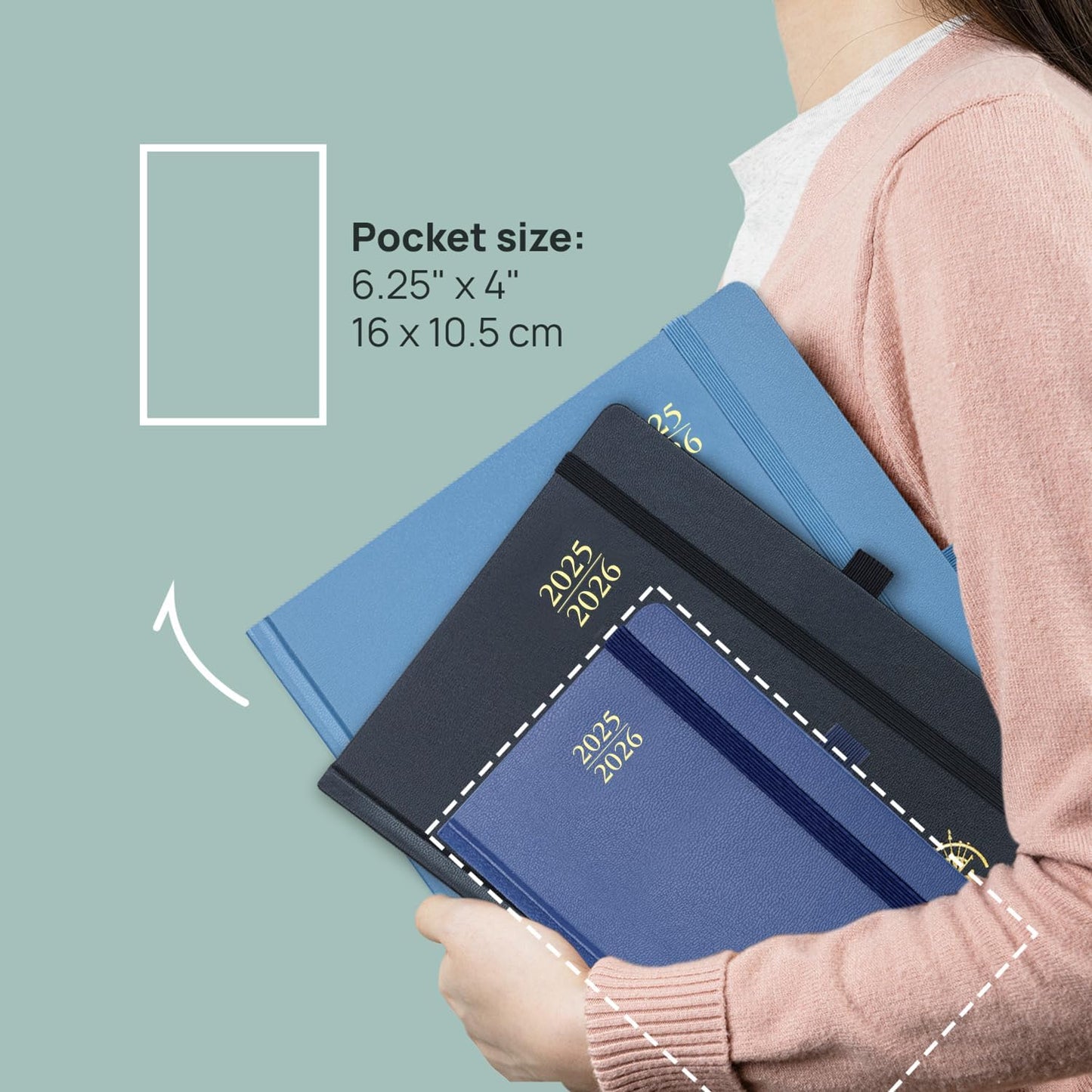 POPRUN Pocket Planner 2025-2026, (Purse Size 4''x 6.25'' Hard Cover) Academic Year Calendar Daily Weekly and Monthly (July 25-June 26) with Hourly Time Slots, 100 GSM Paper - Navy Blue