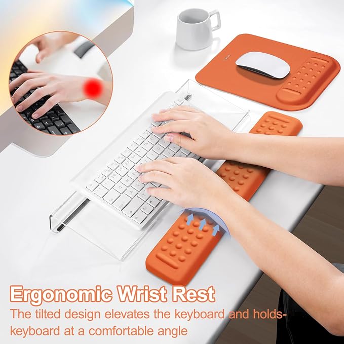 MOSISO Keyboard Stand&Wrist Rest Support for Keyboard &Mouse Pad Set | Ergonomic Massage Wrist Rest Set, Easy Typing Working Acrylic Clear Stand for Office Home, Cosmic Orange