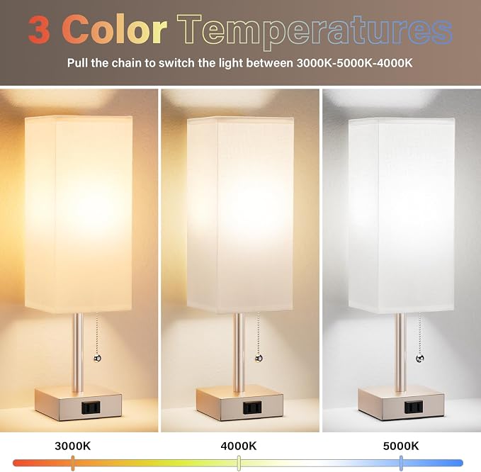 Bedside Lamp for Bedroom Set of 2 - Gold Table Lamp for Nightstand | AC Outlet, 3 Color Temperatures, LED Bulb Included, Pull Chain Design, 14" Rectangular Desk Lamp for Dorm/Office, 2-Pack