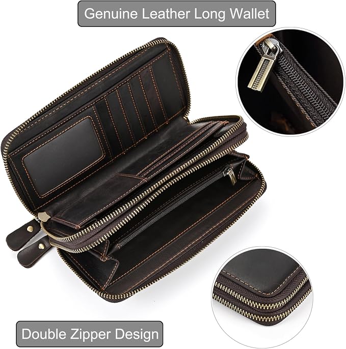 Genuine Leather Long Wallet for Men, Large Capacity Purse Clutch Bag Handbag Checkbook Cash Credit Cards Phone Holder | Large Capacity
