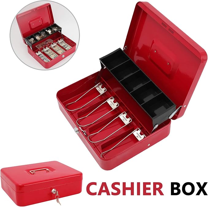 xydled Cash Box with Money Tray and Key Lock,Money lock box with Cash Tray,Safe Lock Box with Key,Tiered,4 Bill / 5 Coin Slots,11.8" x 9.5" x 3.5",Red