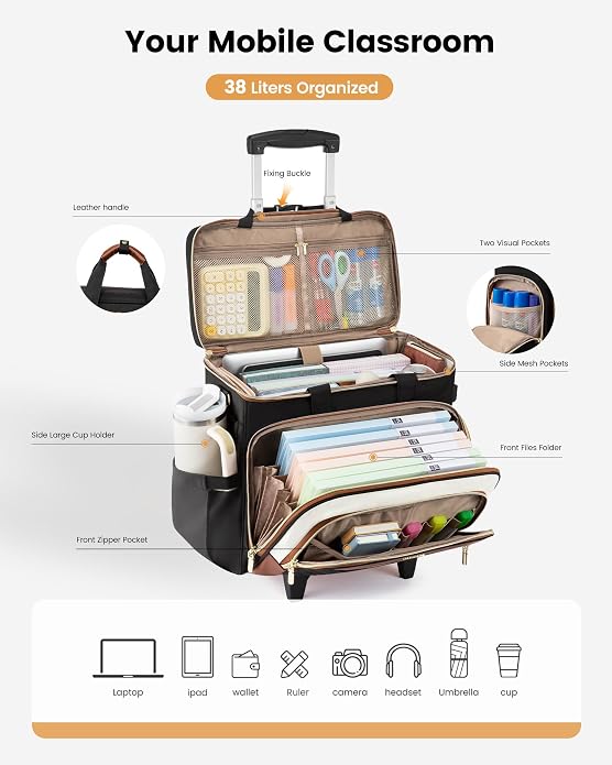 LOVEVOOK Rolling Teacher Bag, Laptop Tote with Detachable Dolly | Fits 17.3 Inch Laptop, Detachable Dolly, Large Rolling Tote Bag for Teacher Office Work Nurse, Adjustable Handle