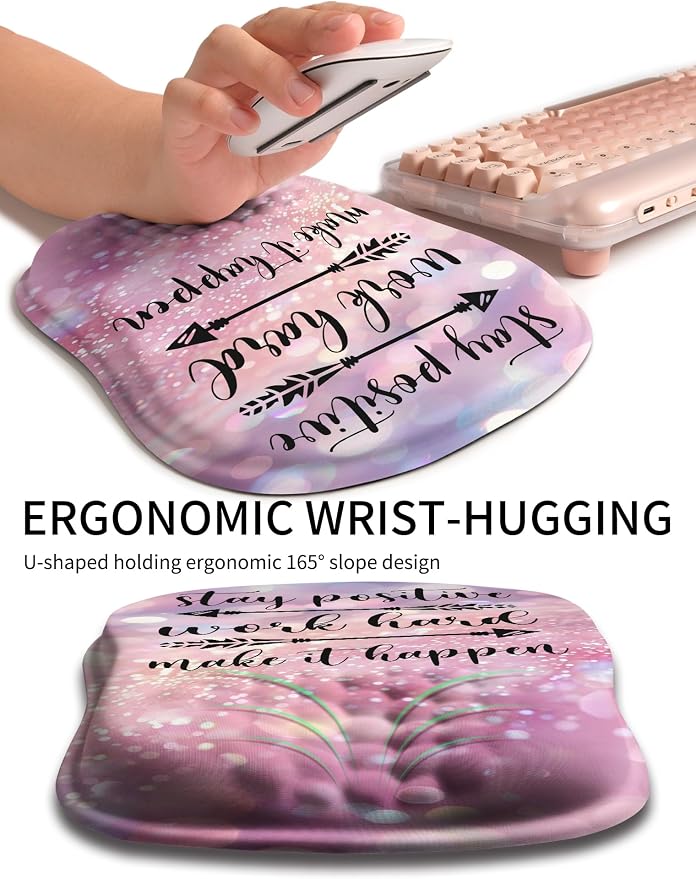 Hokafenle Ergonomic Wrist-hugging Mouse Pad Wrist Support, U-shaped Holding Wrist Rest Mousepad for Carpal Tunnel Pain Relief with Cushioned Memory Foam Slope Massage Bulge (10.2x8.3 in,Stay Positive)