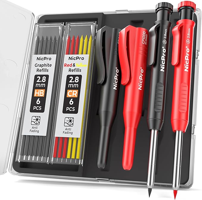 Nicpro 2Pack Carpenter Pencil with Sharpener, Mechanical Carpenter Pencils with 26 Refills (Red, Black, Yellow), Heavy Duty Construction Pencil, Woodworking Pencils for Architect | Mechanical Carpenter Pencils+26 Refill, Heavy Duty Construction Pencil,...