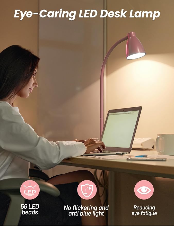 BOHON Cute Desk Lamp with USB Charging Port, 3 Color Modes Dimmable, Pink | Pink Lamp LED Reading Lamp, Flexible Neck Auto Dimming Table Task Light for Home Office Dorm Bedside