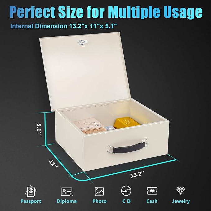 xydled Fire Resistant Safe Fire Safe Box with Key Lock for Home Office Security Storage for Valuables Documents,13.2"x 11"x 5.1" Inch,White