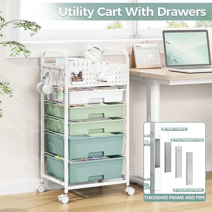 5 Drawer Rolling Storage Cart with Pegboard Top and Hooks, Gradient Green | Mobile Organizer Cart with Wheels for Office Supplies, Craft Storage, Classroom Organization, Home Utility Cart