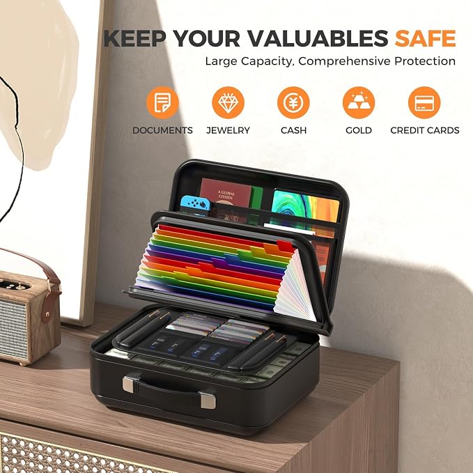 Fireproof Document Box, Waterproof Safe Box with Combination Lock | Upgraded Fireproof, Water-Resistant Document Organizer Box with Multi-Compartment Storage for Home, Office, and Travel Use