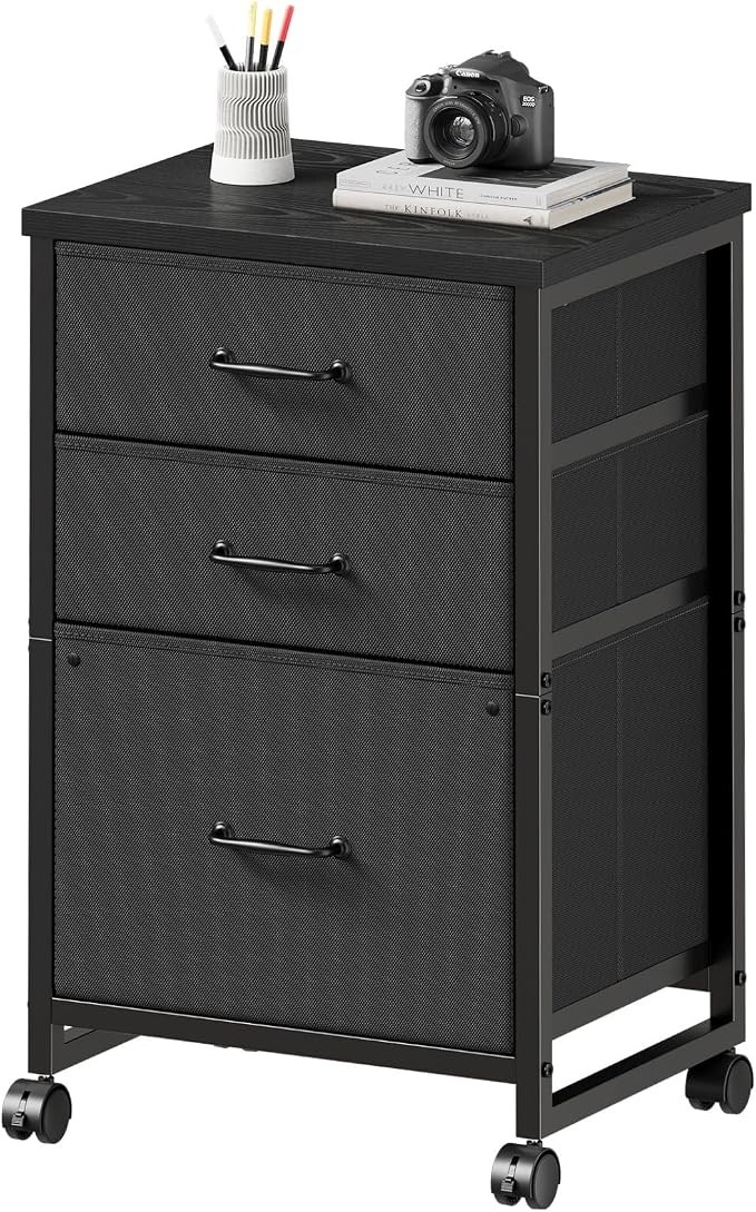 3 Drawer File Cabinet with Wheels with Open Storage Shelf, Black | Rolling Printer Stand Fabric Lateral Filing Cabinet for Home Office