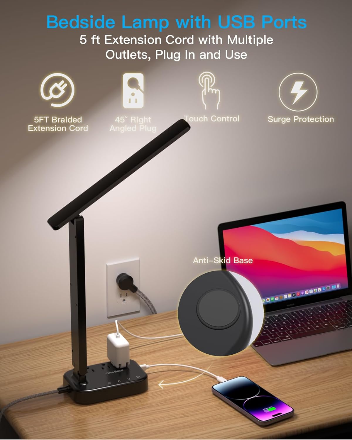 Power Strip with LED Desk Lamp, 3 Outlets 4 USB Ports(2 USBC) 4 Modes 5 Level Touch Lamp Small Desk Lamp for Home Office Bedroom Bedside, Study Reading Light, 5ft Extension Cord, Dorm Room Essentials