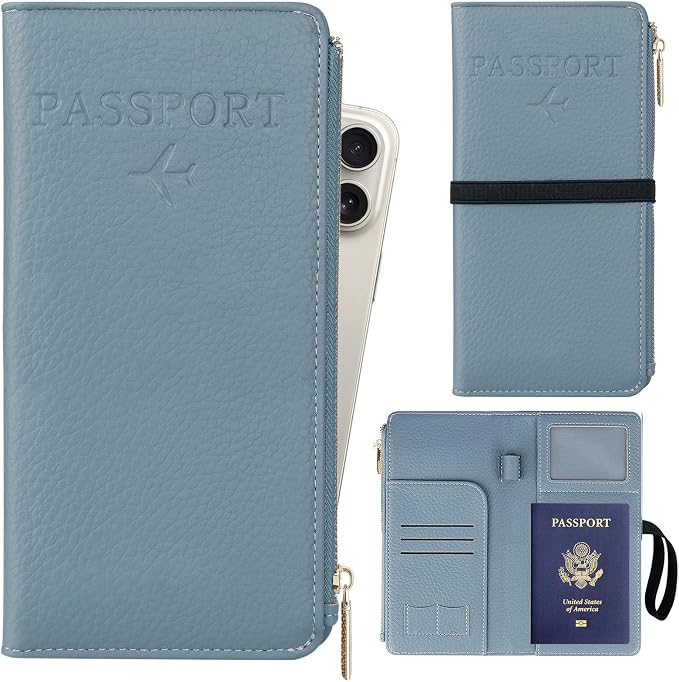 TIGARI Rfid Passport Wallet for Women, Travel Wallet Passport Holder for Travel, Leather Zipper Pocket Card Slots Purses, Travel Document Organizer Waterproof Travel Accessories (Blue)