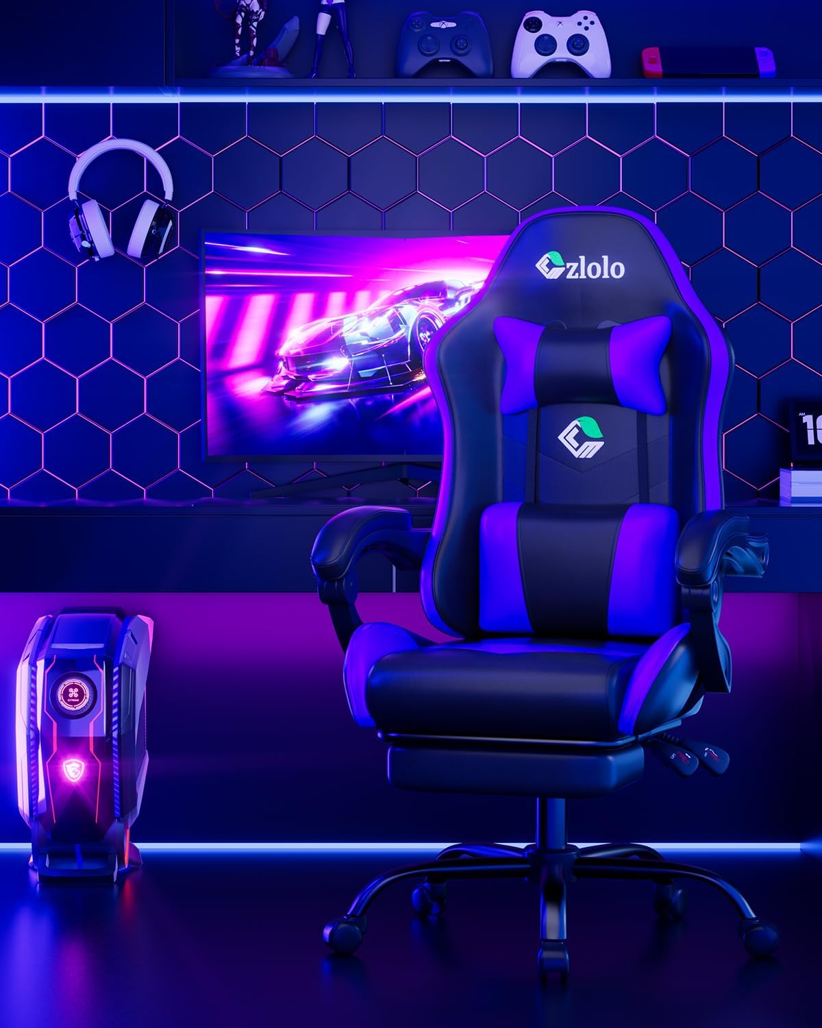 Gaming Chair, Ergonomic Office Computer Chair with Footrest and Lumbar Support Massager Racing Style High Back Video Gamer Chair, Wide＆Thick Cushion, 90°-135° Recline, Adjustable Height, Blue