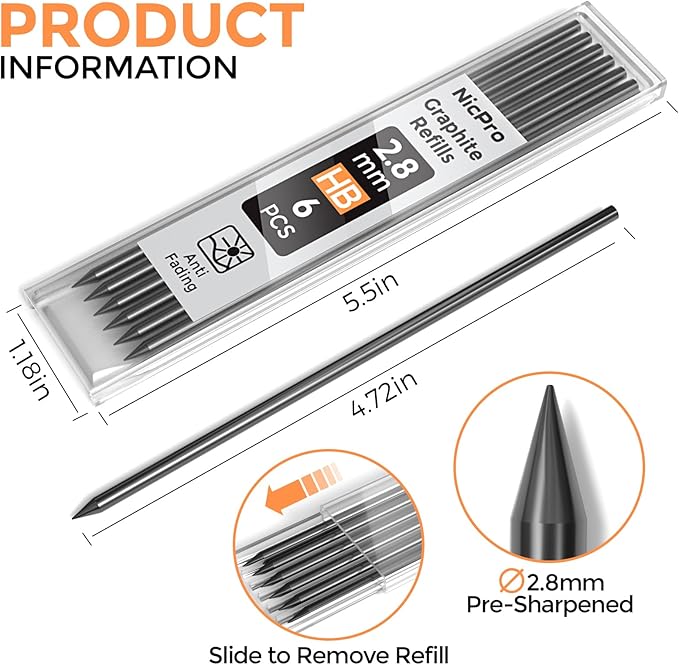Nicpro Carpenter Pencil Lead Refills 2.8mm, 60 Pieces Black | Lead Refill for Mechanical Carpenter Pencil, Break Resistant 2.8 mm Leads for Construction Pencils, Work on Various Surfaces