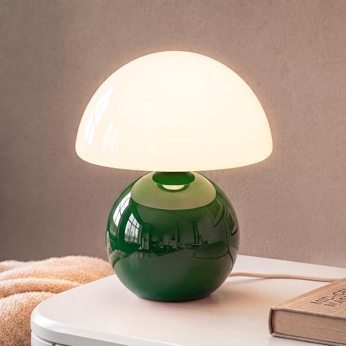 Mushroom Lamp Table Lamp for Bedroom-Small Table Lamps,Dark Green | 8.7" Mid Century Modern Table Lamps for Living Room Bedroom Decor,Cute Ceramic Lamps for Mushroom Home Room Decor,Glass Shade