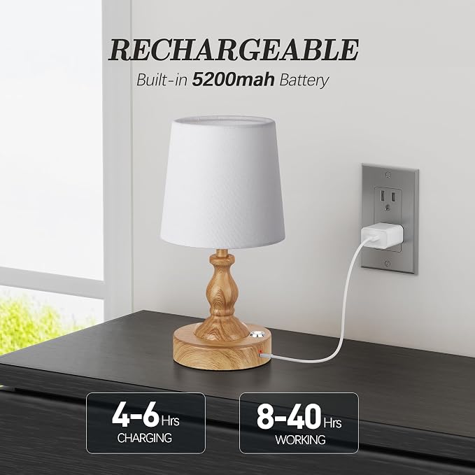 Mini Cordless LED Table Lamp, 5200mAh Rechargeable Battery Operated Lamp, 3-Level Brightness, Touch Dimmable Desk Lamp, Bedside Night Light for Patio Camping Restaurant Home, Wood Grain