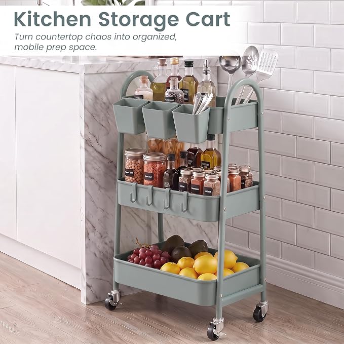 3-Tier Rolling Cart, Utility Cart Mobile Metal Rolling Storage Cart with Lockable Wheels & Hanging Cups & Hooks for Kitchen, Bathroom, Office, Workshop, Gray Blue