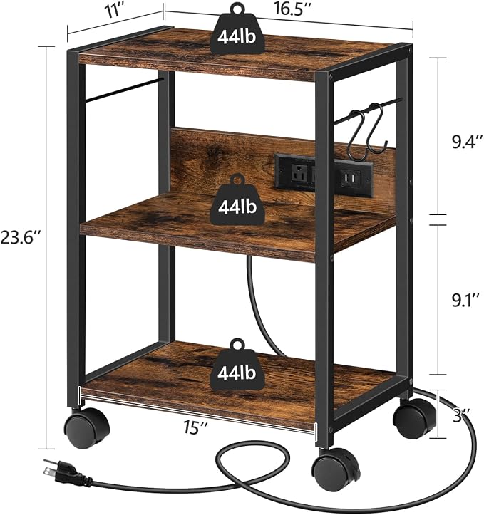 MAHANCRIS Industrial Printer Cart, 3-Tier Mobile Printer Stand, Rolling Cart with Power Outlets and USB Ports, Home Printer Stand with 2 Hooks, for Office, Living Room, Rustic Brown PTHR40E01Z