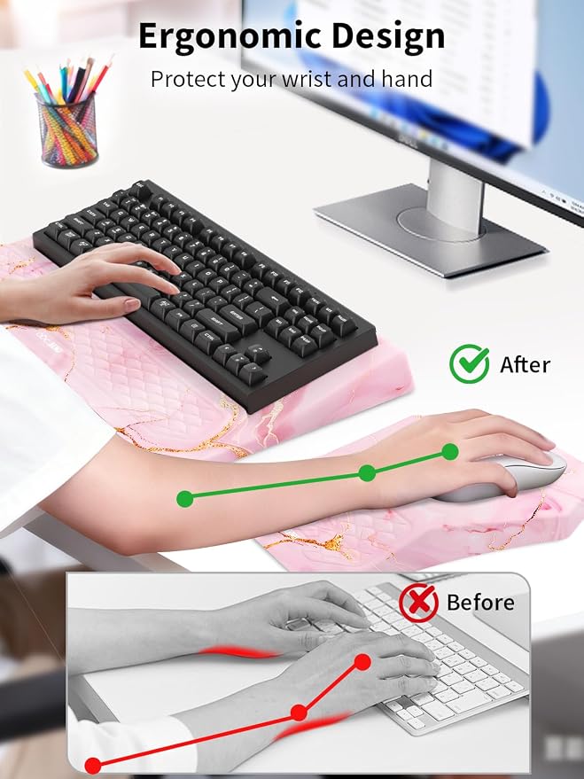 3-in-1 Ergonomic Keyboard Stand with Wrist Rest & Mouse Pad Set,Pink Marble | Comfy Keyboard Riser Holder Soft Mousepad with Massage Design, Memory Foam and Non-Slip PU Base for Pain Relief