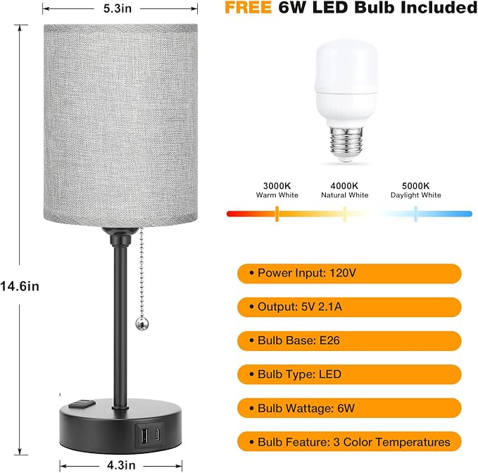 Small Bedside Table Lamp for Bedroom - Desk Lamp with USB Ports for Dorm | USB A+C Ports, AC Outlet, 3 Color Temperatures, LED Bulb Included, Grey Fabric Shade, Matte Black Base, 14" Night Stand Lamp