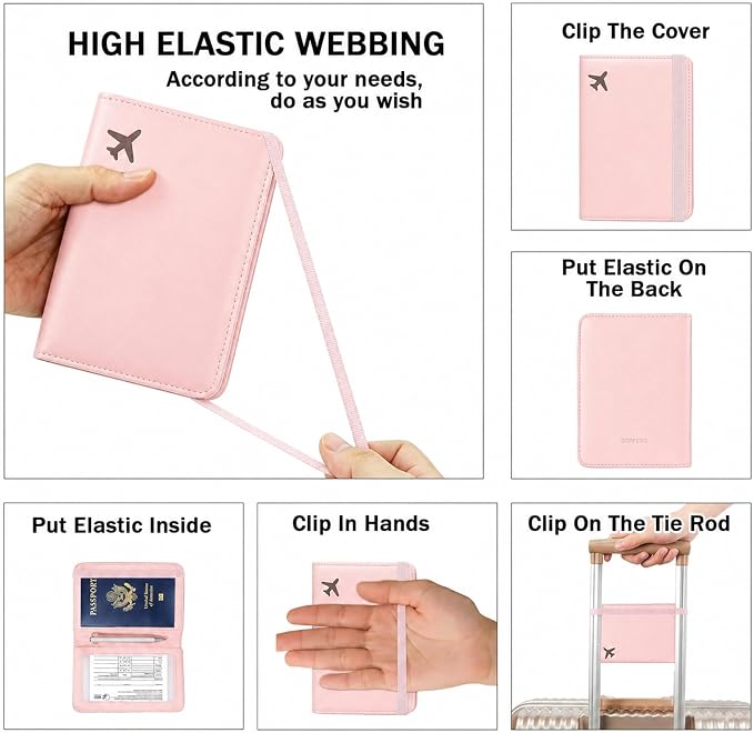 RFID Blocking Passport Holder for Travel – PU Leather Waterproof Lightweight Passport Cover Wallet for Women Men, Travel Organizer with Card Slots for Airline Tickets & Passport Book, Pink