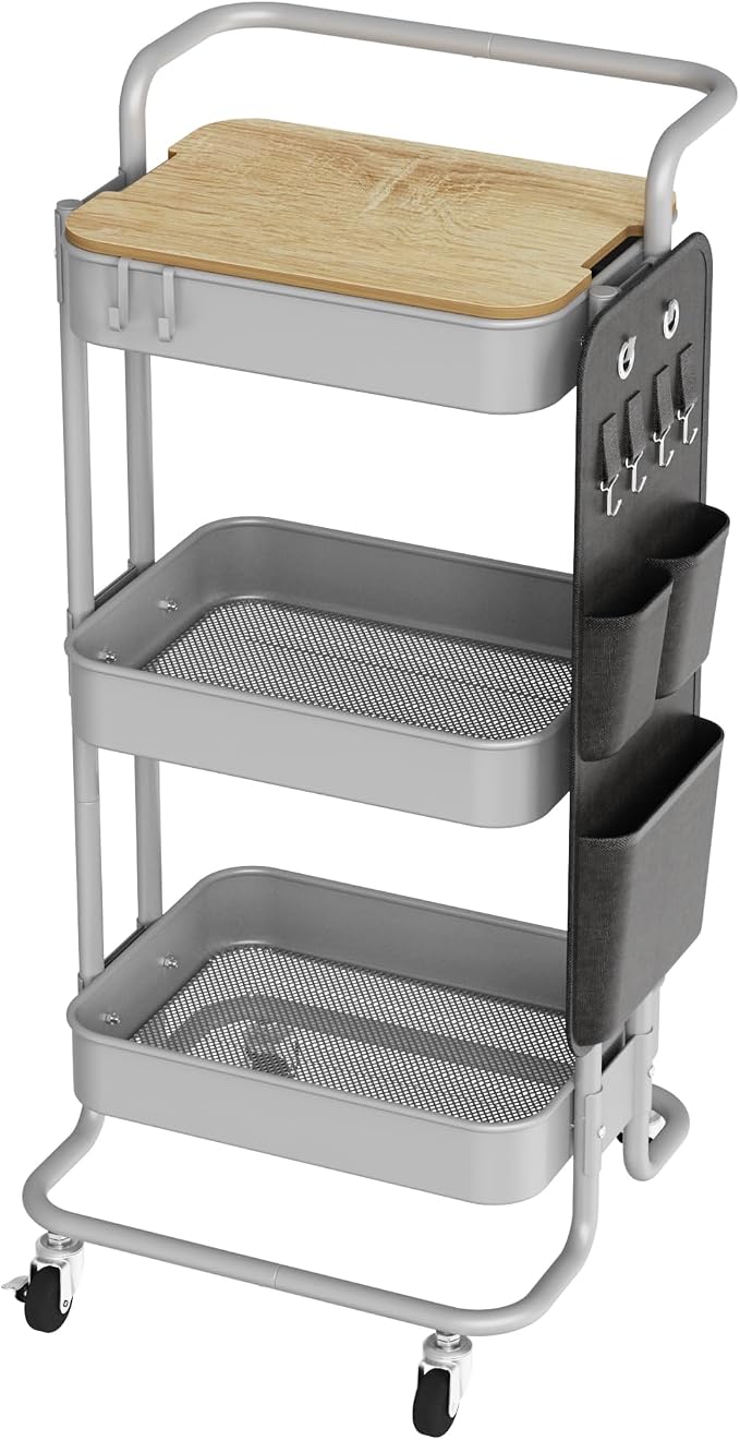 DTK 3-Tier Rolling Cart with Table Top, Metal Utility Cart with Side Bags | Tray Storage Organizer, Lockable Wheels, 4 Hooks, Art Cart for Kitchen, Bathroom, Office, Craft room, Living room,Grey