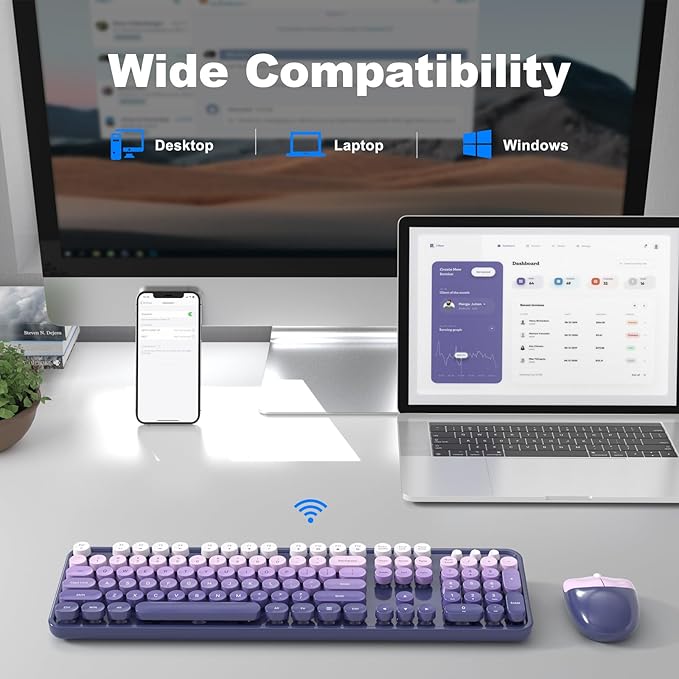 MOFII Wireless Keyboard and Mouse Combo, Full Size 2.4G Plug and Play Typewriter Retro Round Computer Keyboard and Mouse Set for Windows, Computer, Desktop, PC, Notebook - (Purple Gradient)