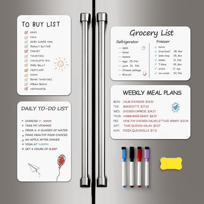 6 Pack Magnetic Dry Erase Board Sheet for Fridge, 12"x8" Erasable Refrigerator WhiteBoard w/ 4 Markers & 1 Eraser- Smooth and Flexible Small Magnet Blank Notepad for Home Kitchen Organizer and Planner