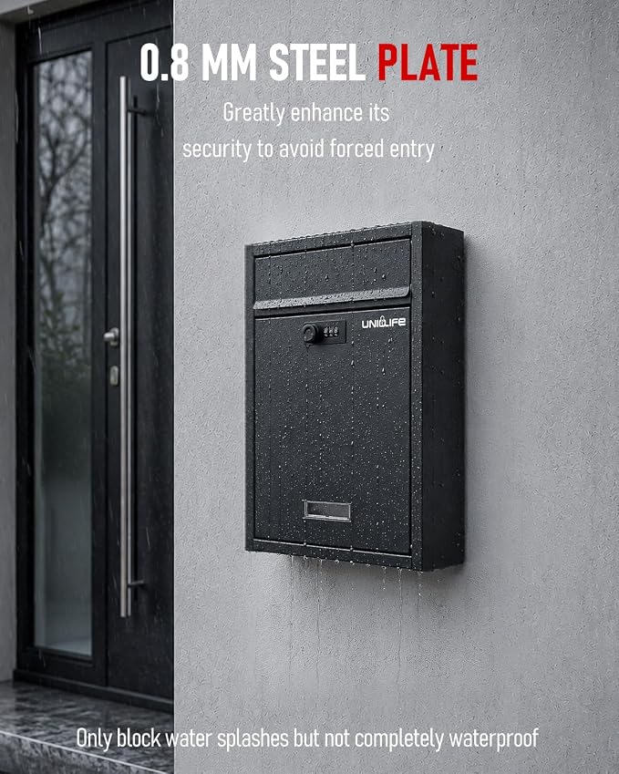 Uniclife Wall Mount Mailbox for Outside, Large Locking Mailbox with Combination Lock, Security Mail Box for House, Safe Key Drop Box, Post Box, Steel Cash Drop Box for Home Office School, Black