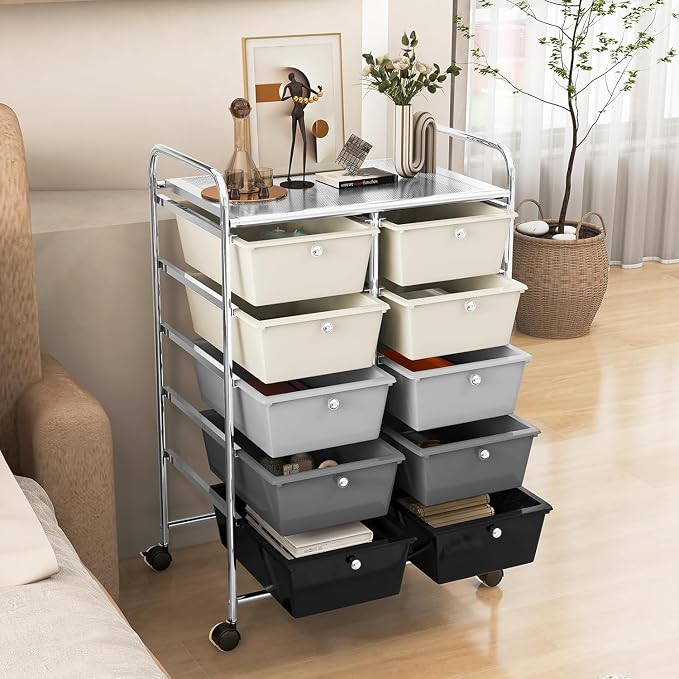 10 Drawer Rolling Cart, Storage Cart Organizer on Wheels, Drawer Cart with Metal Frame & Large Storage Capacity, Rolling Cart with Drawers for Living Room Classroom, Office