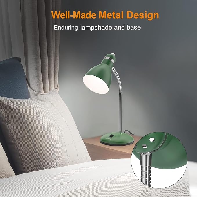 LEPOWER Metal Desk Lamp, Adjustable GooseNeck Reading Light for Bedroom | Compact & Sturdy, Space-Saving for Bedside & Dorm, E26 Table Lamp, Eye-Caring, Ldeal for Study, Office, Back to School