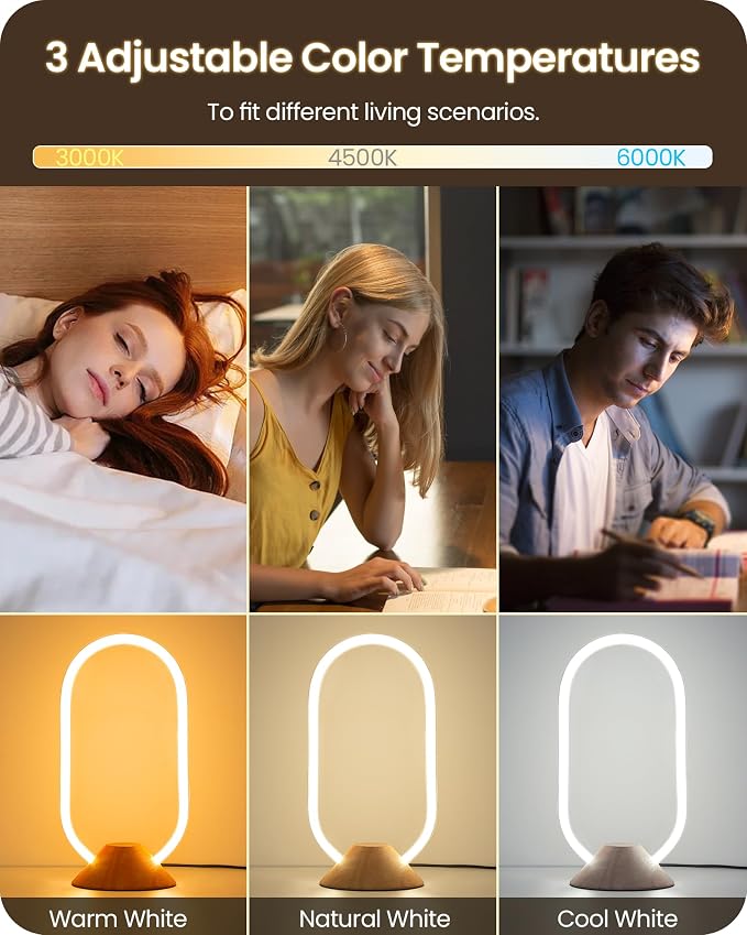 Modern LED Table Lamp, Bedside Lamp with Oval Design, 3 Color Temperatures, Adjustable Brightness, 360° Lighting, Unique Desk Lamp for Bedroom, Living Room, Study, Office, Natural M64TL05