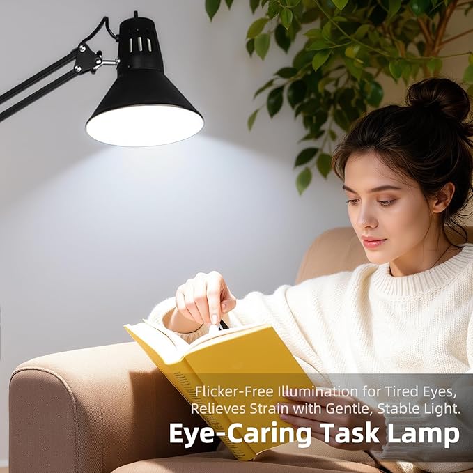Black Desk Lamp with Clamp, Extra-Tall Adjustable Metal Swing Arm, 5000K | Manicurist Table Lamp for Nail Work, Drafting, Sewing, Crafting, College Dorm and Home Office, A19 Bulb Included