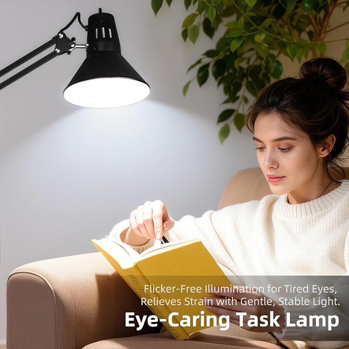 Black Desk Lamp with Clamp, Extra-Tall Adjustable Metal Swing Arm, 2 Pack | Manicurist Table Lamp for Nail Work, Drafting, Sewing, Crafting, College Dorm and Home Office, A19 Bulbs Included