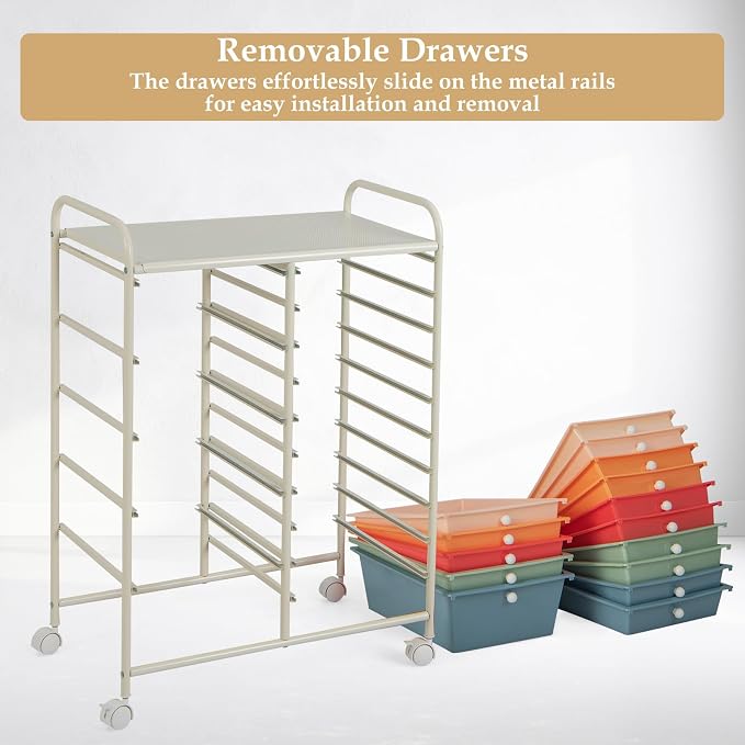 GLACER 15 Drawers Rolling Storage Cart, Steel Frame Craft Organizer Cart | Utility Cart w/Lockable Wheels & Sleek Handle, Mobile Art & Tool Supply Trolley for Teacher, Home, School, Office (Colorful)