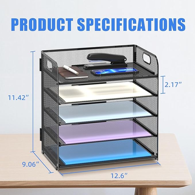 5 Trays Paper Organizer Letter Tray with Handle-Mesh Desk File Holders, Paper Sorter Desk Organizer for Office, Home, Classroom or School