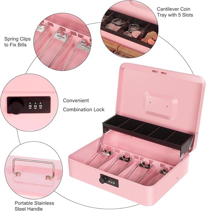 Cash Box with Combination Lock, Metal Money Box for Cash Register, Large Cash Lock Box for Money Safe 11.8" x 9.4" x 3.54" Pink