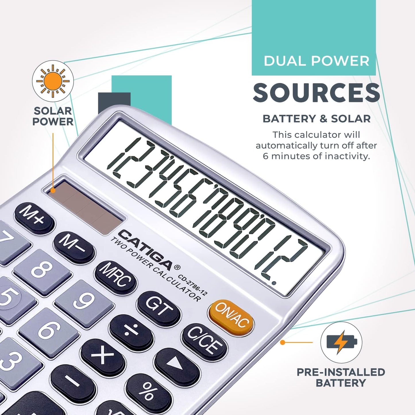 CATIGA 12 Digits Desktop Calculator with Large LCD Display, Dual Solar Power and Battery, Standard Function for Office, Home, School, CD-2786