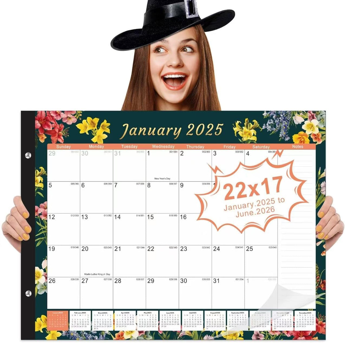Gannyfer Desk Calendar 2025-2026, Large 22"x17" Desktop Calendars 18 Month Jan 2025 - Jun 2026, Monthly Planner Pad with Plastic Cover -Dark Floral