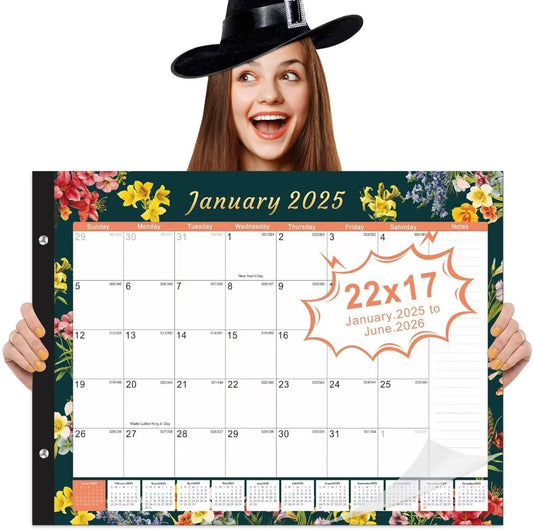 Gannyfer Desk Calendar 2025-2026, Large 22"x17" Desktop Calendars 18 Month Jan 2025 - Jun 2026, Monthly Planner Pad with Plastic Cover -Dark Floral
